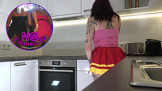 Hottest Redhead Big Tits Cheerleader in Mini Skirt and Over Knee Socks Flashes Her Tight Shaved Meaty Pussy and Naked Ass