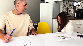 Hot teacher blowjob, spunk on glasses. Studying better,