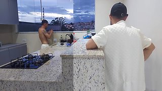 Fucking Hot Wife In The Kitchen Until She Cums, While The Cuckold Washes The Dishes