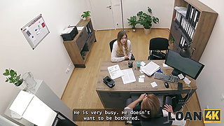 LOAN4K. Blonde Maya with big tits is fucking a bank worker on the office chair while his colleague is watching