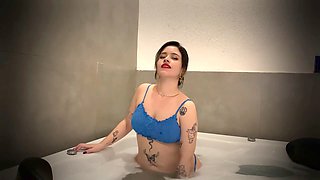 Steamy bathtub session with Lady Morningstar 666 in blue lingerie and a playful douche