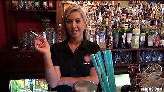 Gorgeous blonde bartender is talked into having sex at work