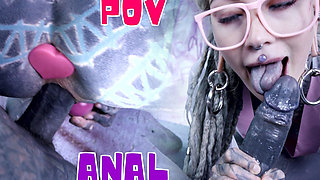 Tattood Girl with Glasses and Buttplug Fucks a Tattooed Dick, DP, Facial