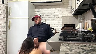 Slim Bootylicious Brunette Hottie Has Fun With Her Husband's Friend In the Kitchen