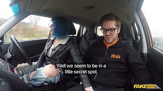 Driving instructor gets blown and fills her ass in the back seat