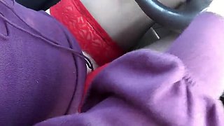 Blonde MILF Drives Car Without Panties in Stockings and High Heels, Flashes Random Stranger