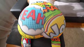 Caught my stepsister masturbating and fucked her, tearing her leggings on her big ass