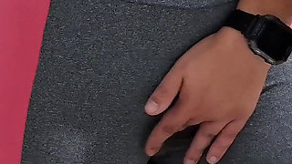 Masturbating Her Camel Toe on the Table with the Neighbor's Help.