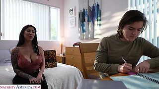 Busty tattooed hottie Lily Lane wears lingerie to seduce boyfriend's son