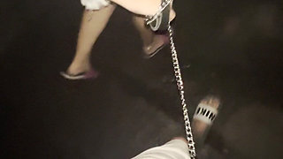 Humiliating Chastity Walk on a Leash Attached to His Locked Cock
