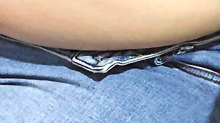 Step mom without panties under jeans in frot of step son