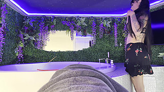 Super Hot Latina Brunette with Big Tits in the Bathroom in a miniskirt no panties organizes the jacuzzi