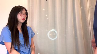 Petite asian nurse pounds on patient's hard dick