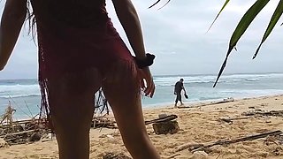 Sexy Hairy MILF Without Panties and with Buttplug on Public Beach