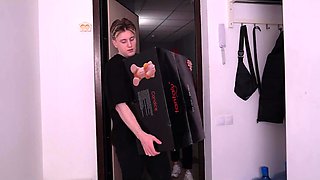 Delivery girl thanks with a hot threesome and sex doll