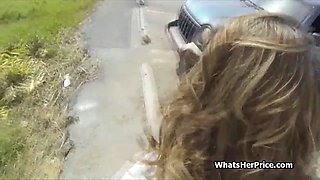 Broke teen with huge tits fucked in public