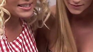 Two hot blonds get fucked silly on the checkout counters