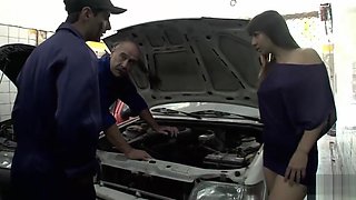 Dad and Son Fuck a Client in a Car Workshop