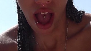 Beautiful and Tanned Girl Sucking a Loaded Dick on a Beach