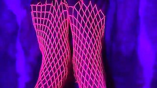 Pink Neon Fishnet on Sexy Small Asian Feet with Long Toes
