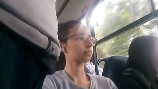 Nerd Girl Flashing Bulge in Bus