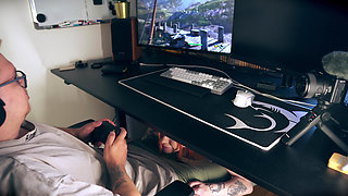 Stepmom Seduces Stepson Under Desk for Facial While He Games
