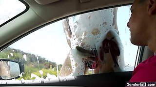 Carwash tgirl takes guy in to get fucked