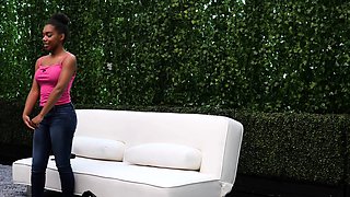 Small tit brunette gives a nice hard blowjob and fuck