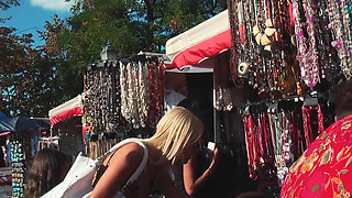 Busty Blonde MILF Drains Stranger Publicly for Voyeurs