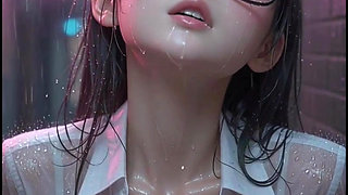 Cute Asian 3d anime girl waves you to her in the alley in the rain