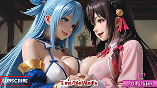 Sfw Aqua and Yunyun From Konosuba Soft Show Touching and Kissing Lesbian