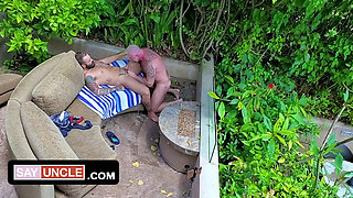 Muscular macho Lance Charger enjoys tattooed man in the backyard during lockdown