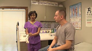 Nurse Jasmine Barnes fucks with a guy in his room, showcasing her 34c curves.