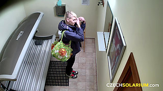 Czech Solarium 54: Blonde Young Woman Strips Down and Flashes Her Pussy