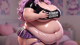 SSBBW Purple Hair Anime Girl Squeezing Massive Tits Ahegao