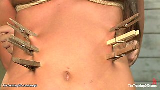 Tanned darkhaired babe caned and zippered