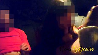 Slutty girlfriend sucks three cocks met in the club in the car