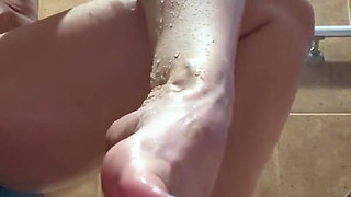 Lila Hotwife's Shower Tease: I Soap My Big Fake Tits, Play with My Bald Pussy & Show off My Feet!