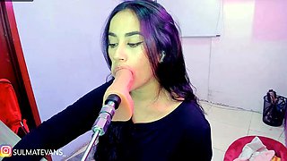Brunette Sucks Big Pink Dildo Machine