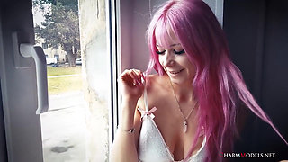 Cosplay Pink Hair Girl Lilly in White Stockings Video