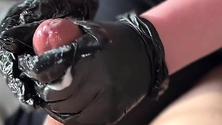 Stepmom with Giant Tits Wearing Black Latex Gloves Is Jerking Me off