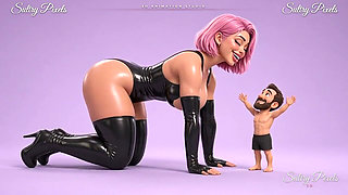 Pink-haired Latex Mistress Crawls Down for a Long Kiss with Her Tiny Man