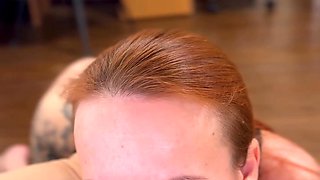 Horny redhead MILF worhips my huge cock with her slutty mouth, slurping it with insatiable hunger