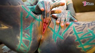 Tattooed anal goddess in white underwear frigs herself senseless