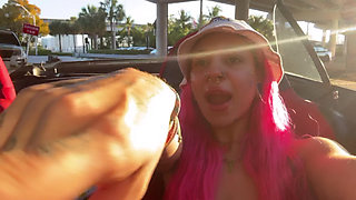 Town Slut Flashes Perky Boobs in Convertible on the Highway