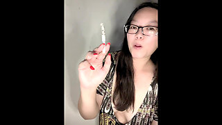 Real Smoking Asian MILF Red Nails Long Ash Stack Challenge + Bath Tub Bonus Smoke