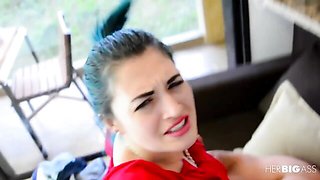 Adorable brunette with big booty Clara Lucia swallows the cumshot