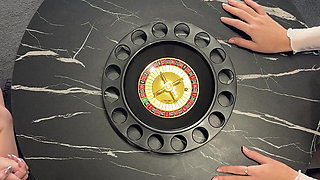 Two girls one guy Christmas Handjob Challenge House Party for fun and precum dripping oily cum