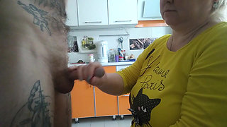 Mother-in-law again frees my balls from cum while doing blowjob