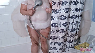 Mature BBW in the Shower - Big 38ee Tits Show Through My T-shirt in Slow Motion